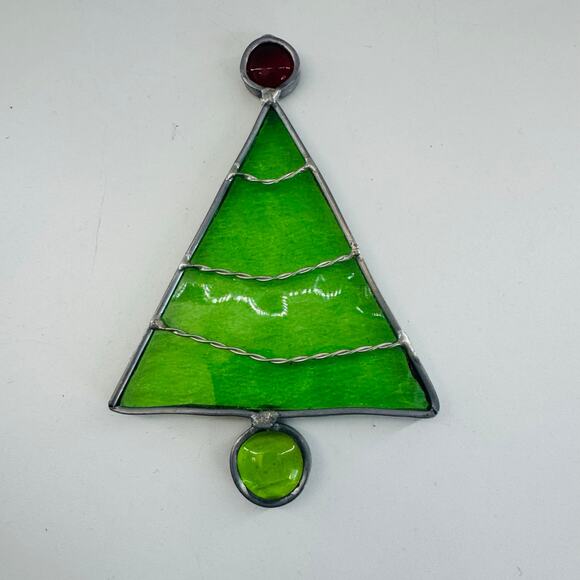 Vintage Stained Glass SunCatcher Window Green Metal Christmas Tree 5” - Picture 2 of 4